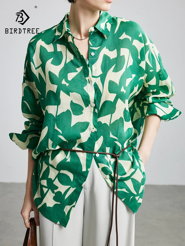

BirdTree-100%Ramie Elegant Shirt, Long Sleeve Lapel Printed, Women Fashion Vacation Loose Thin Blouse, 2026 Summer New T64161CC