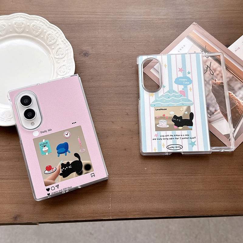 For Samsung Galaxy Z Fold 8 Korean Ins Illustration Cute Cartoon Black Cat Mirror Phone Case Hard Protective Cover Anti Fall