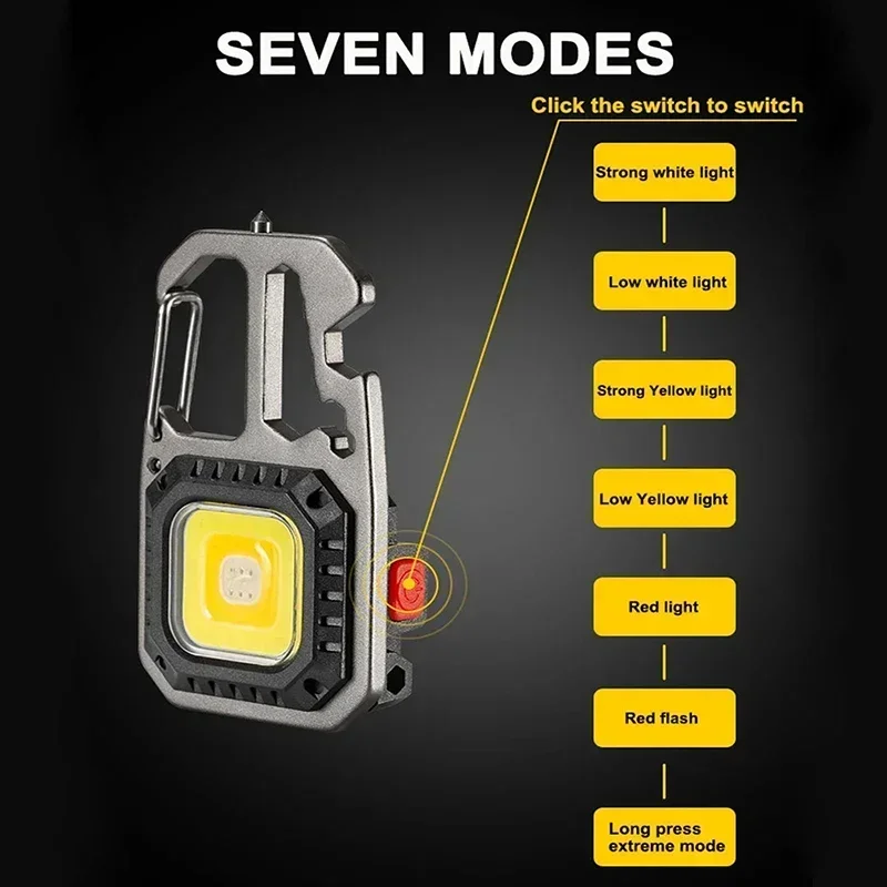 Mini Portable LED Keychain Flashlight Built-in 500mAh Battery Type-C Charging Outdoor Camping Emergency Safety Hammer Work Lamp