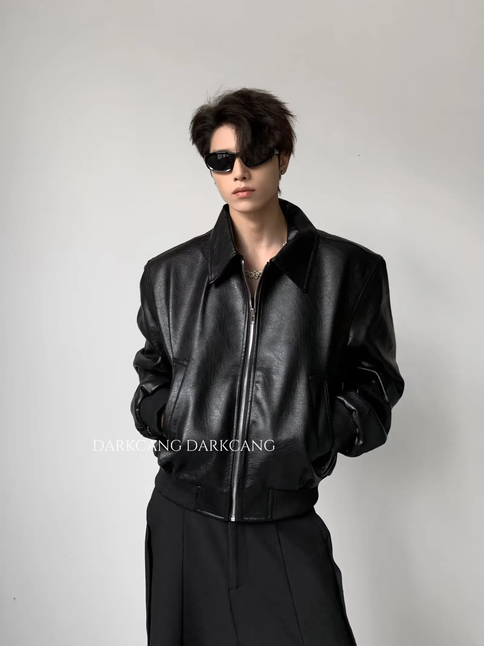 Trendy Zip-up Turn-down Collar PU Leather Coat Men Clothing Classic Solid Color Leather Jackets For Men's Fall Vintage Outerwear