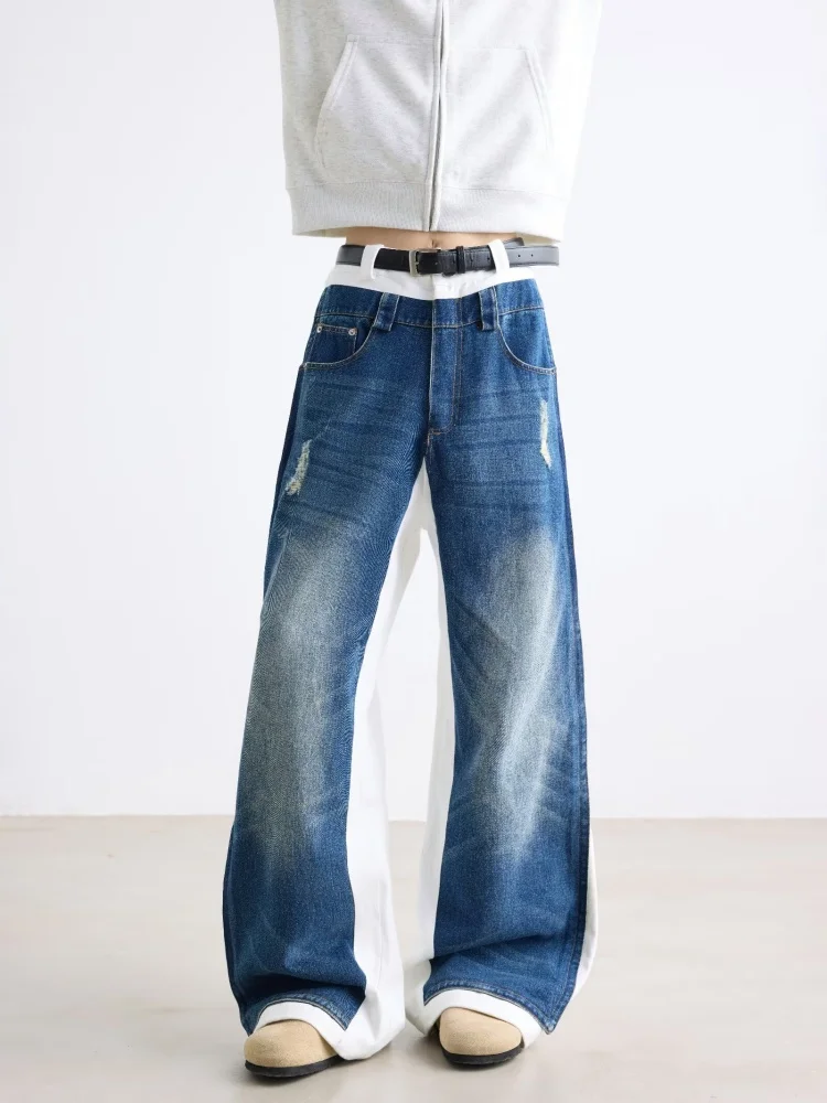 

2025 American Retro Y2K Fashion Blue White Patchwork Baggy Ripped Jeans Pants For Men Clothing Straight Luxury Denim Trousers