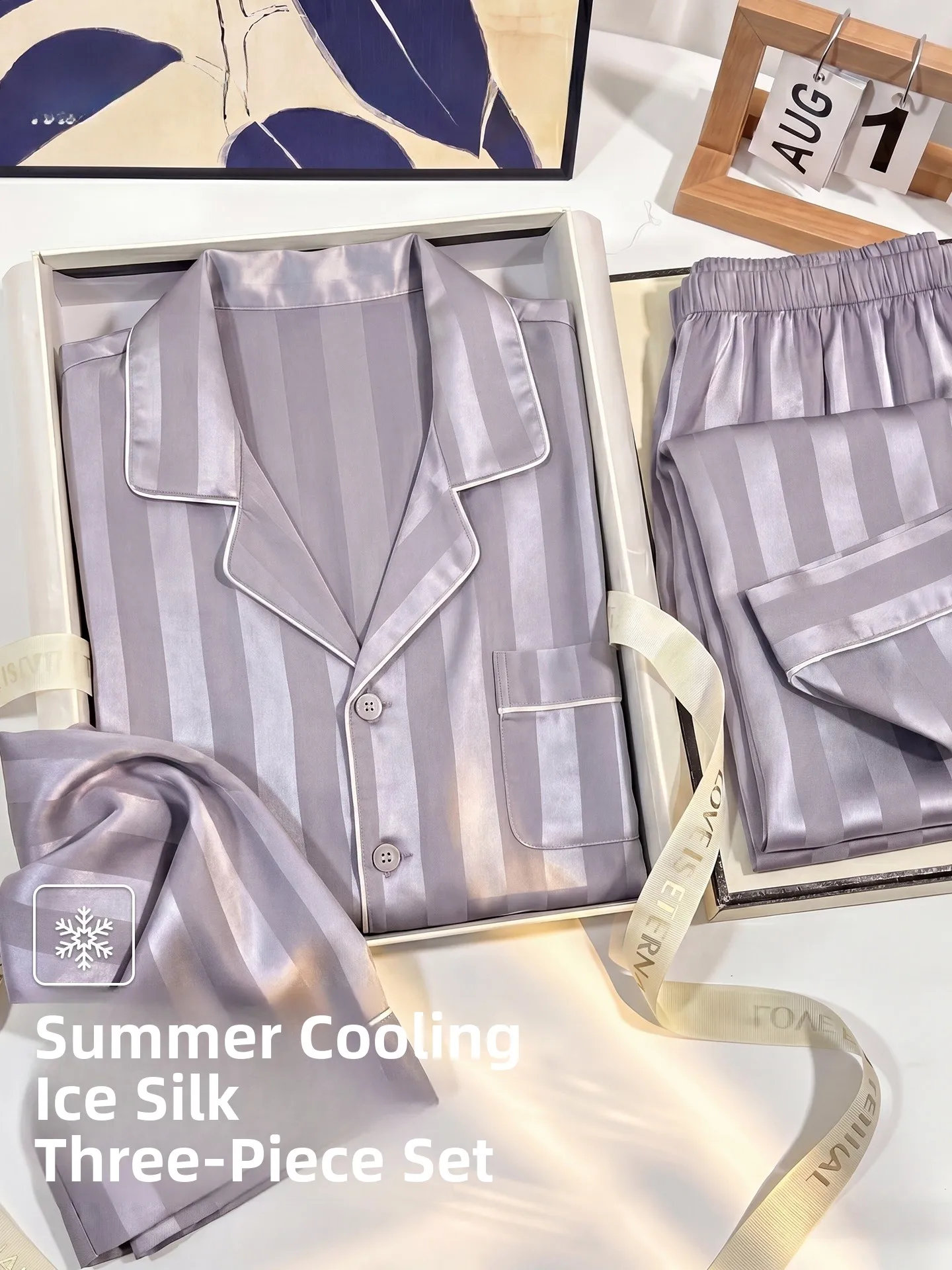men's-ice-silk-sleepwear-three-piece-set-short-sleeve-shorts-pants-true-silk-dad-gift-box-man-summer-cool-breathable-home