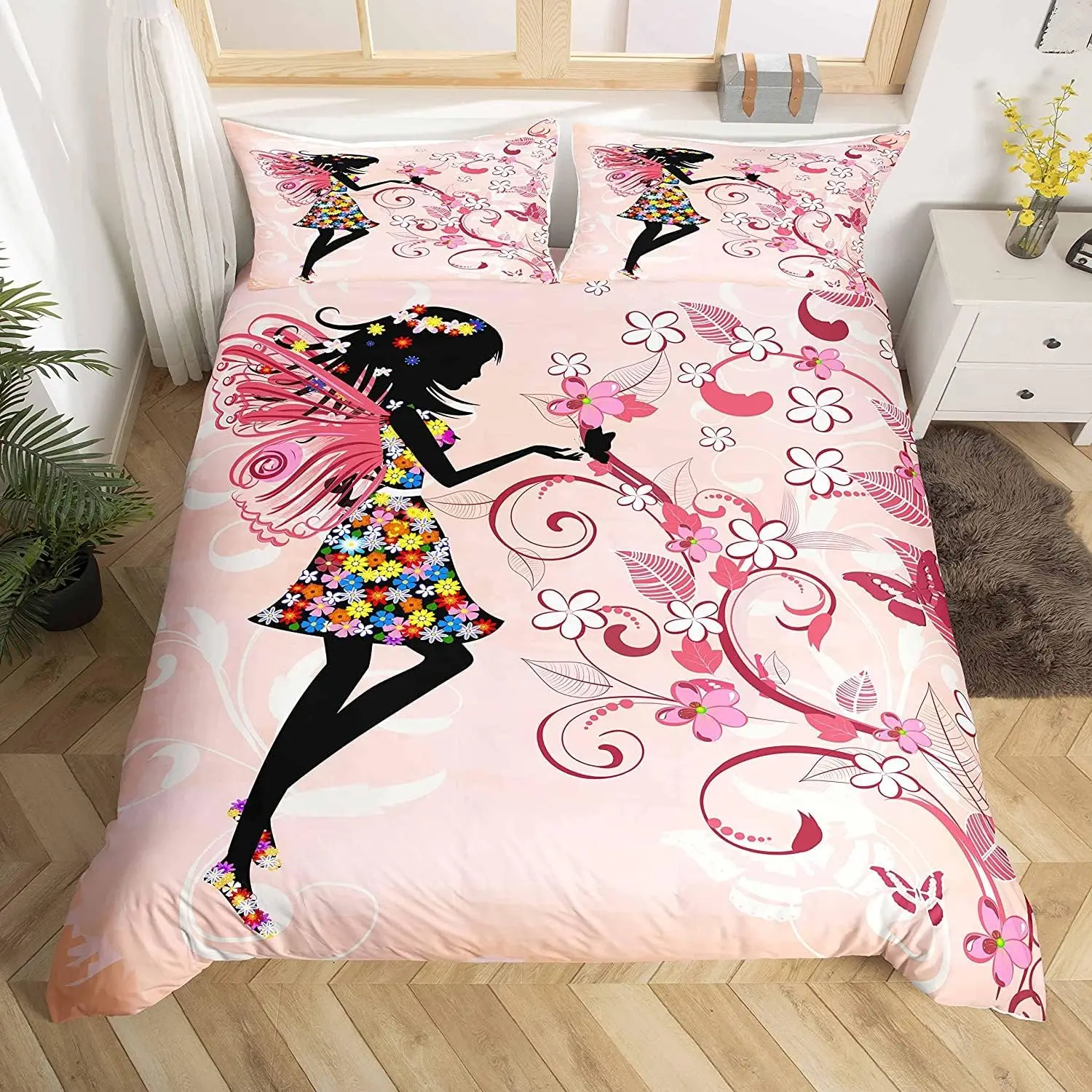 Fairy Girl with Wings Bedding Set Garden Fantasy Floral Duvet Cover Flying Butterfly Comforter Cover Colorful Flower Quilt Cover