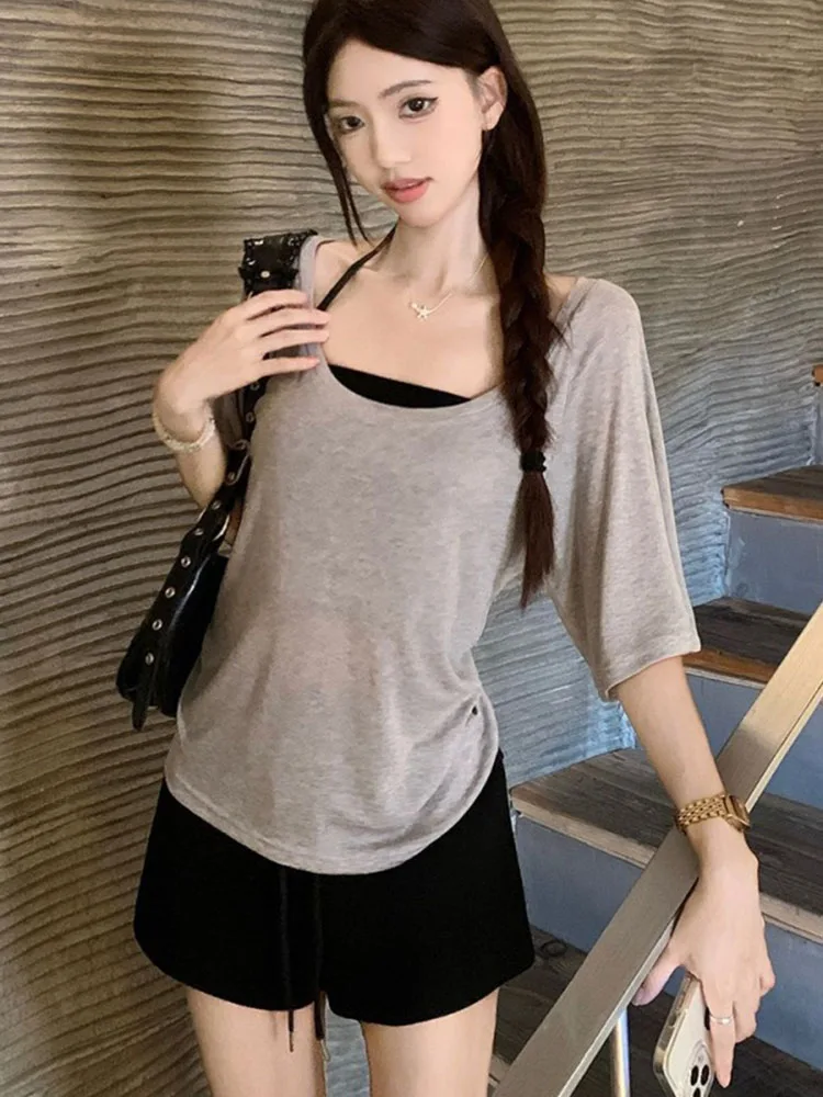 Women Korean Coquette Two Piece Outfit Halter Camisole Layered with Short Sleeve T-Shirt Fashion Loose Matching Daily Top
