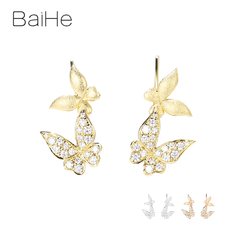 BAIHE Solid 14K Yellow/Rose/White Gold H/SI Natural Diamond Butterfly Earrings Ear Clip Women Engagement Fine Jewelry aretes