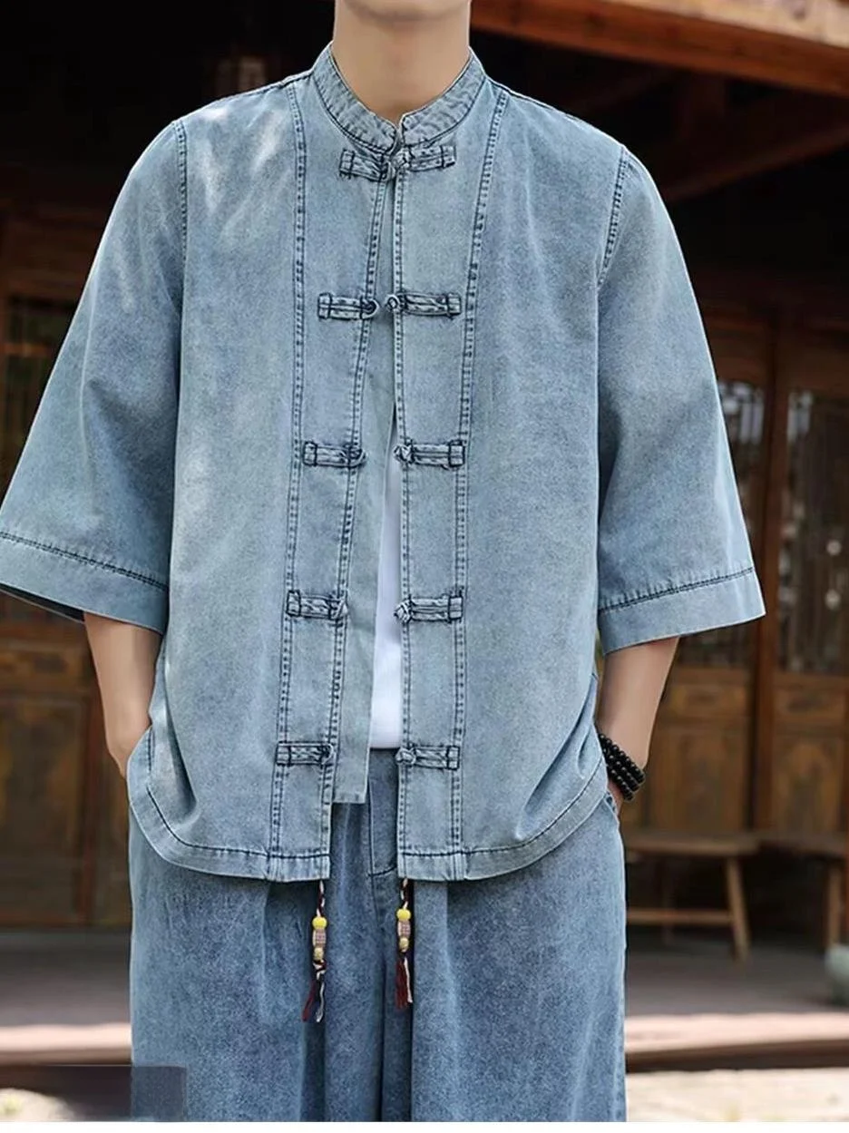 

Retro Chinese Style Button up Denim Shirt Loose Fit Men's Long Sleeve Tea Costume Top Summer Season Cotton Blend