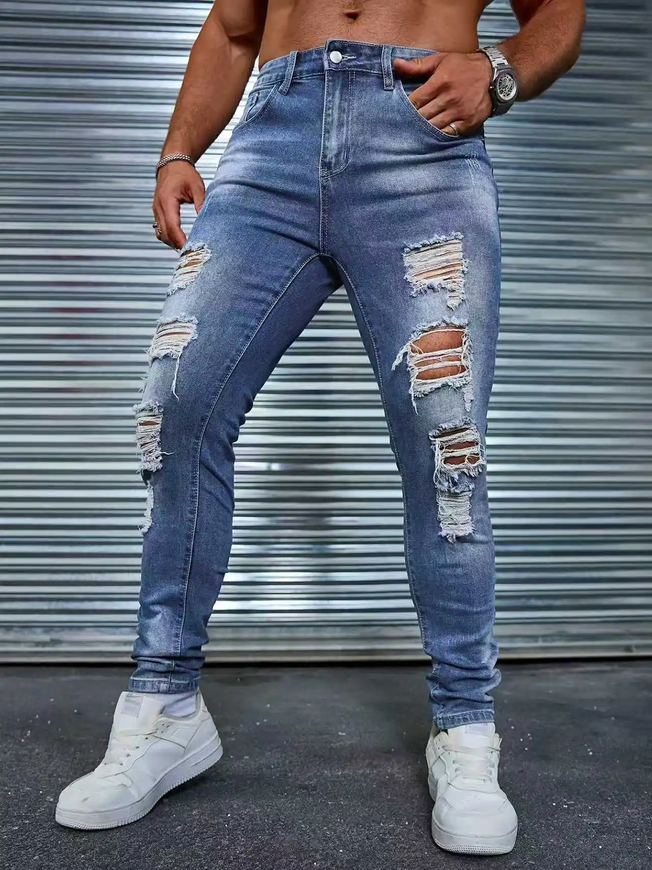Мужские узкие рваные эластичные джинсовые брюки