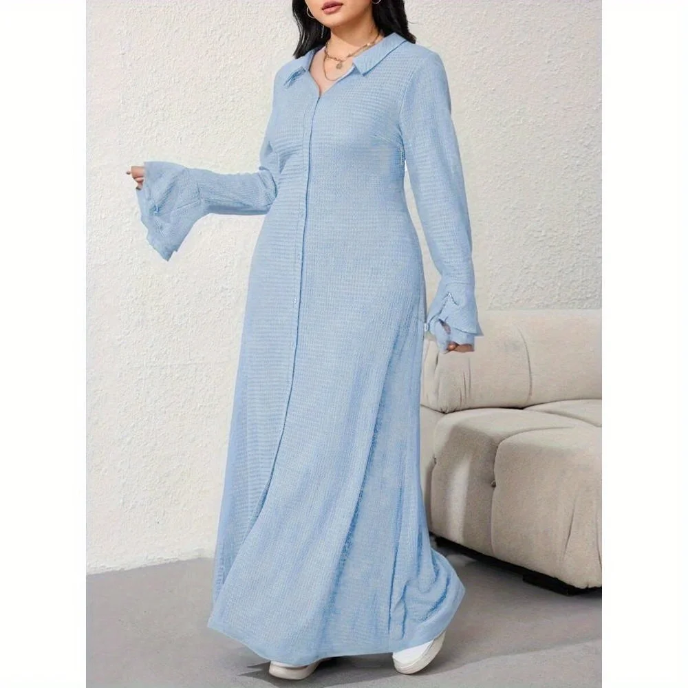 

Женское платье больших размеров, однотонное, вафельный трикотаж, лацкан, расклешенные рукава, прямая застежка на пуговицы, элегантное, женственное, повседневное