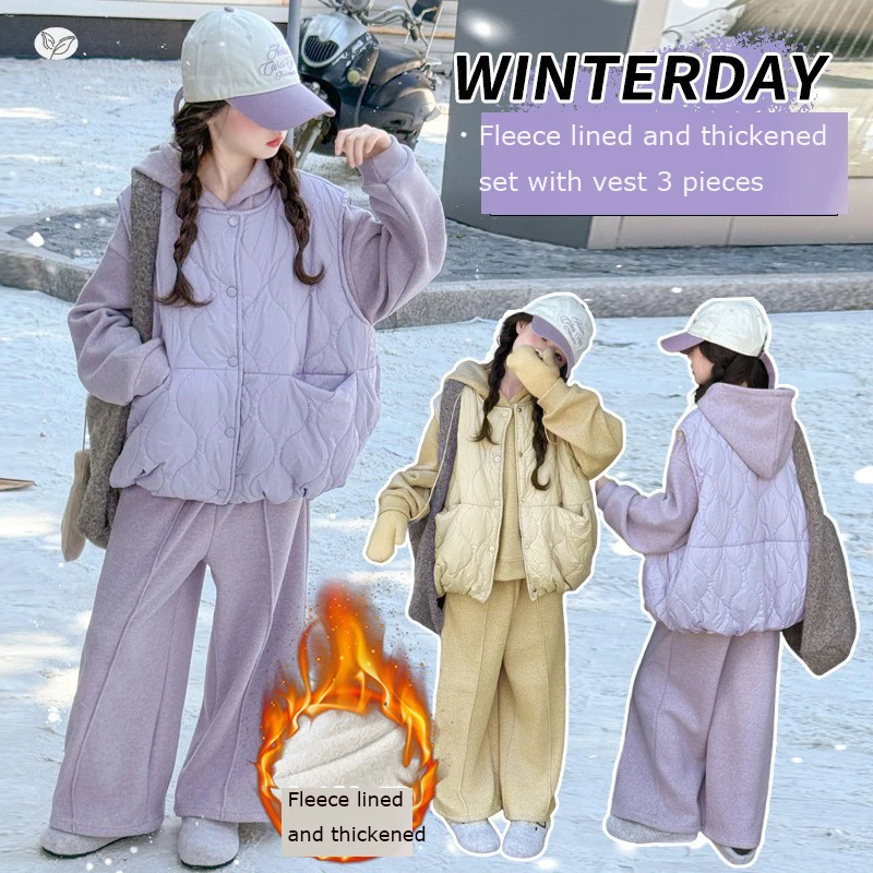 

Girls' Fleece Hooded Pullover Set with Vest And Wide-Leg Pants Thick Warm Autumn Winter Collection for Kids 3 PIECES