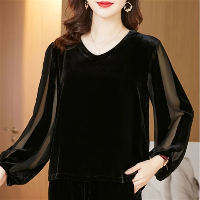 

Black Velvet Tee Top Ladies Tshirts High end Gold Velvet Pullover Blous V-neck Long Sleeve T-shirt Casual Splicing Female Tshirt