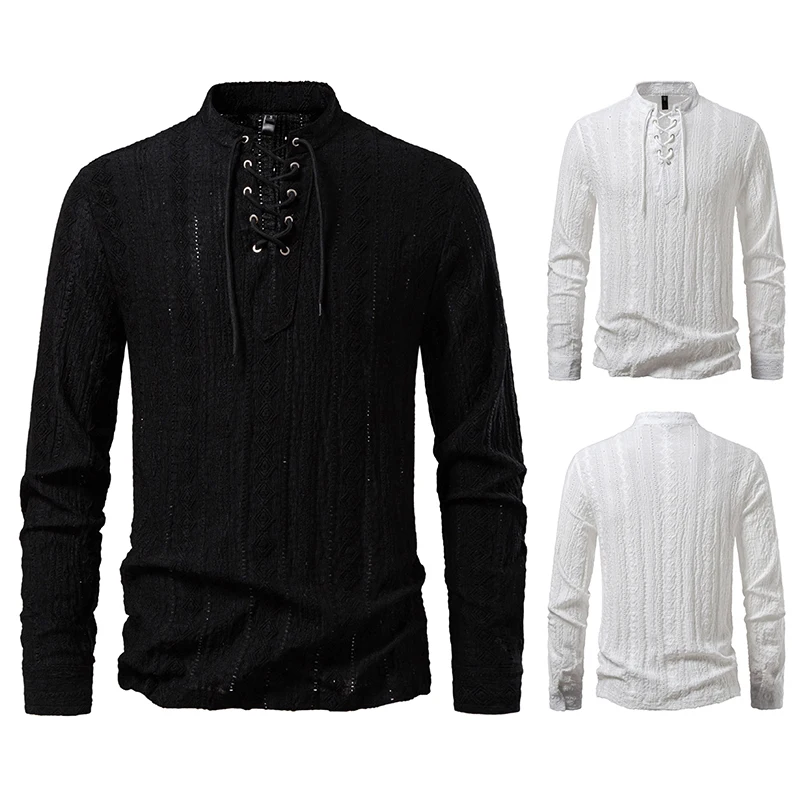 Men Long Sleeve Shirts Henry Collar Mens Dress Shirts Casual Male Drawstring Style Clothes Chemise Hemd Homme Shirt H261