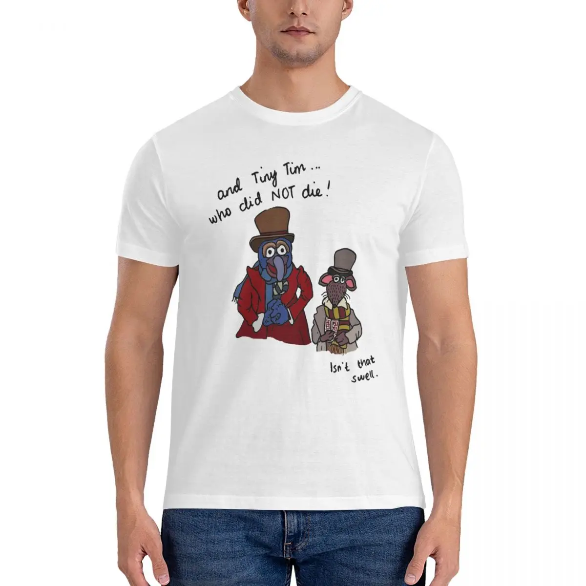 و Tiny Tim Who لم يوتى Muppet عيد الميلاد كارول الرجال تي شيرت المتضخم تي شيرت الرجال الجولة الرقبة القطن تيز الصيف القصير