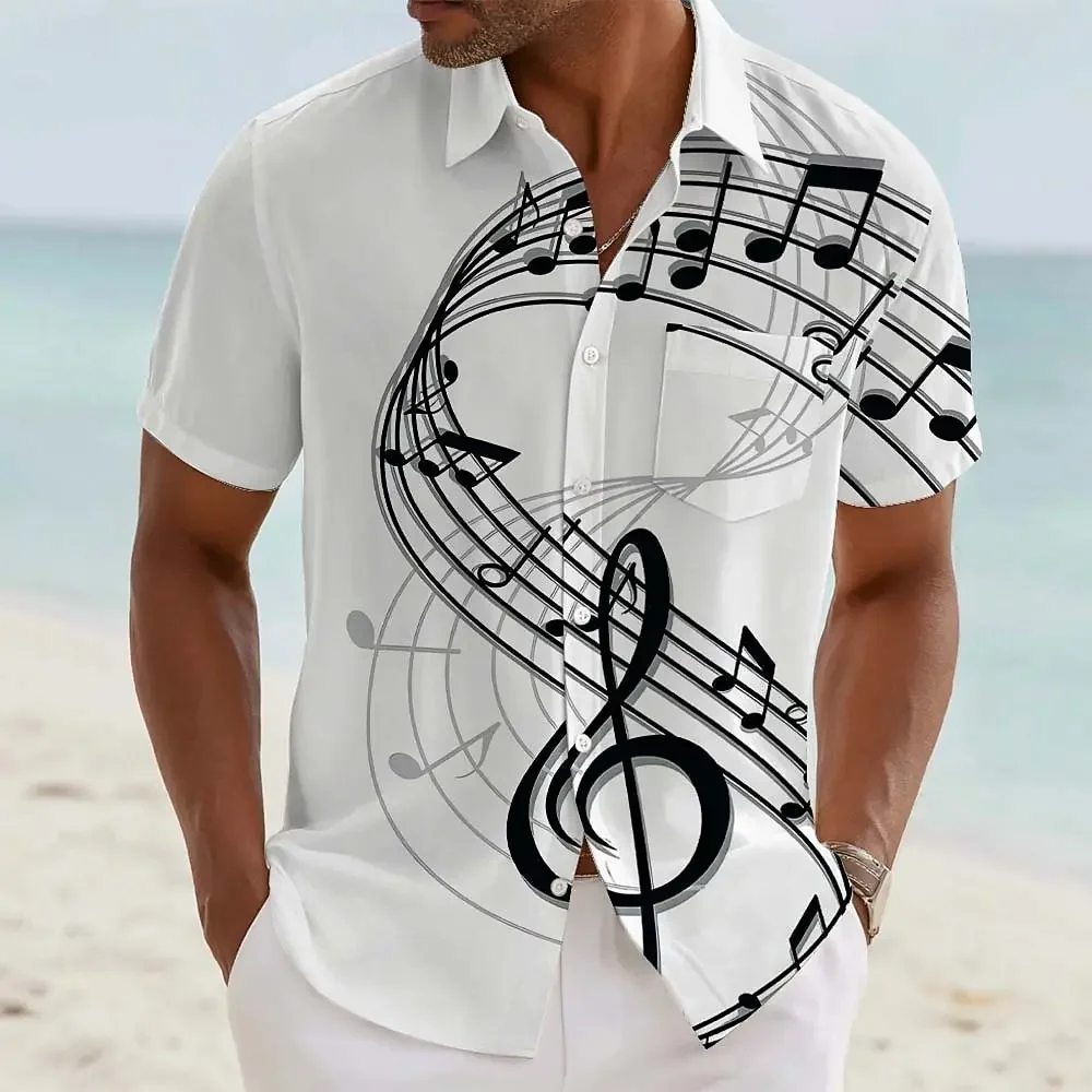 

Fashion Musical Notes Graphic Shirts For Men Summer Casual Short Sleeve 3D Printed Shirt Loose Breathable Button Musician Blouse