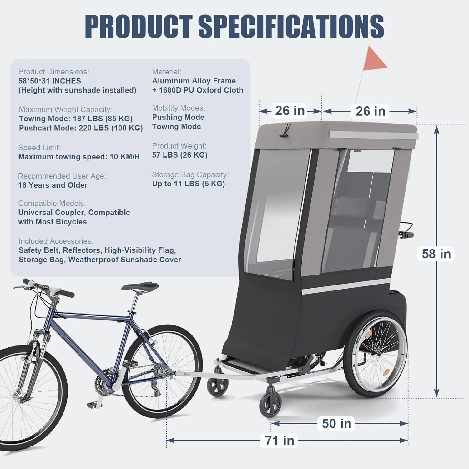 AliExpress NONE 2-in-1 Foldable Bike Trailer, 165-220lbs Capacity, Protection Cover, Front Rotating Wheel, Safety Accessory, Tow-Behind Seat