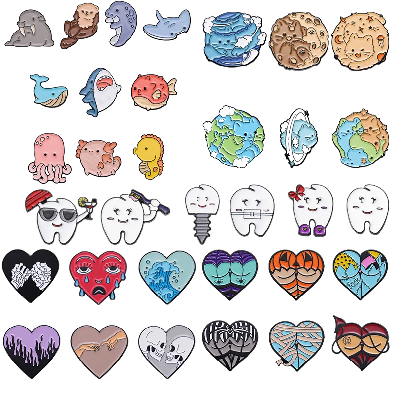 Halloween Underwater Animal Enamel Pin Set Teeth  Whale Hippo Dolphin Apple Kiwi PearPunk Heart Skull Butt Fruit Lapel Jewelry