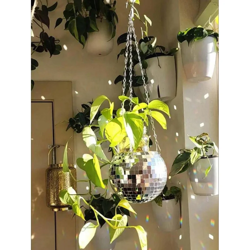 1pc Disco Ball Planter, Hanging Mirrored Spherical Flower Pot, Gardening Decor Hanging Planter