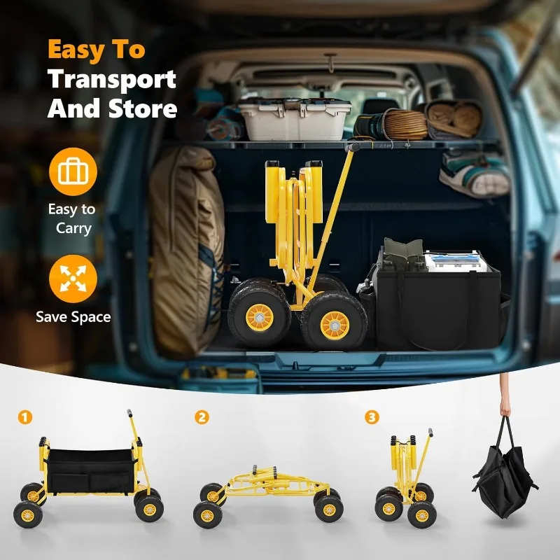 카트, 11인치 에어리스 타이어가 장착된 접이식 트롤리, 대형 화물 바구니가 있는 해변 트레일러, 550파운드 적재 용량, 8인승