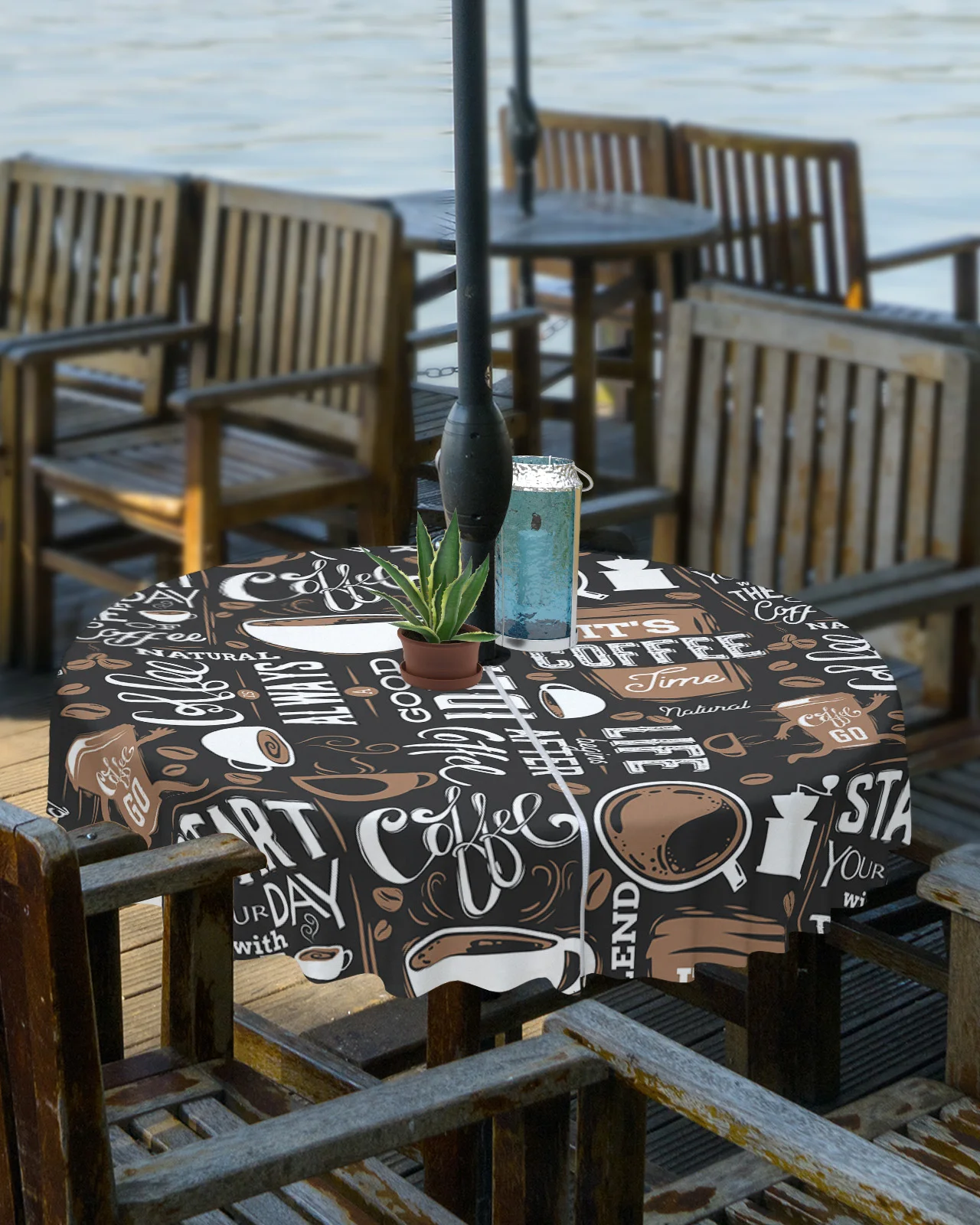 Coffee Coffee Beans Coffee Cup Outdoor Tablecloth with Umbrella Hole Zippered Waterproof Picnic Patio Round Table Cover