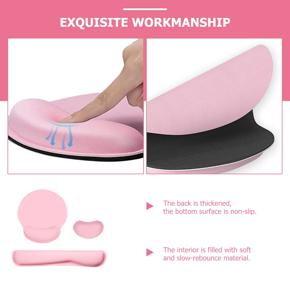 Ergonomic Pad Mouse Three Piece Set for Laptop Wrist Rest Pink Memory Foam with