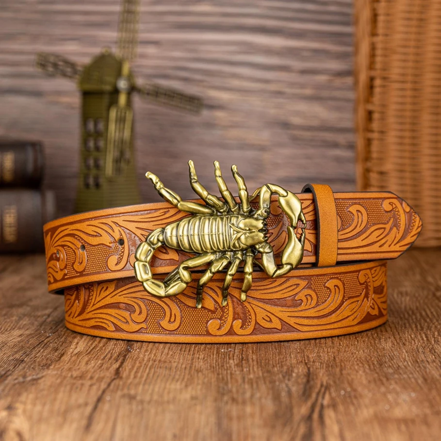 Golden Scorpion Large Buckle, Personalized and Trendy Phoenix Tail Pattern, Retro Embossed Western Denim Belt view 4