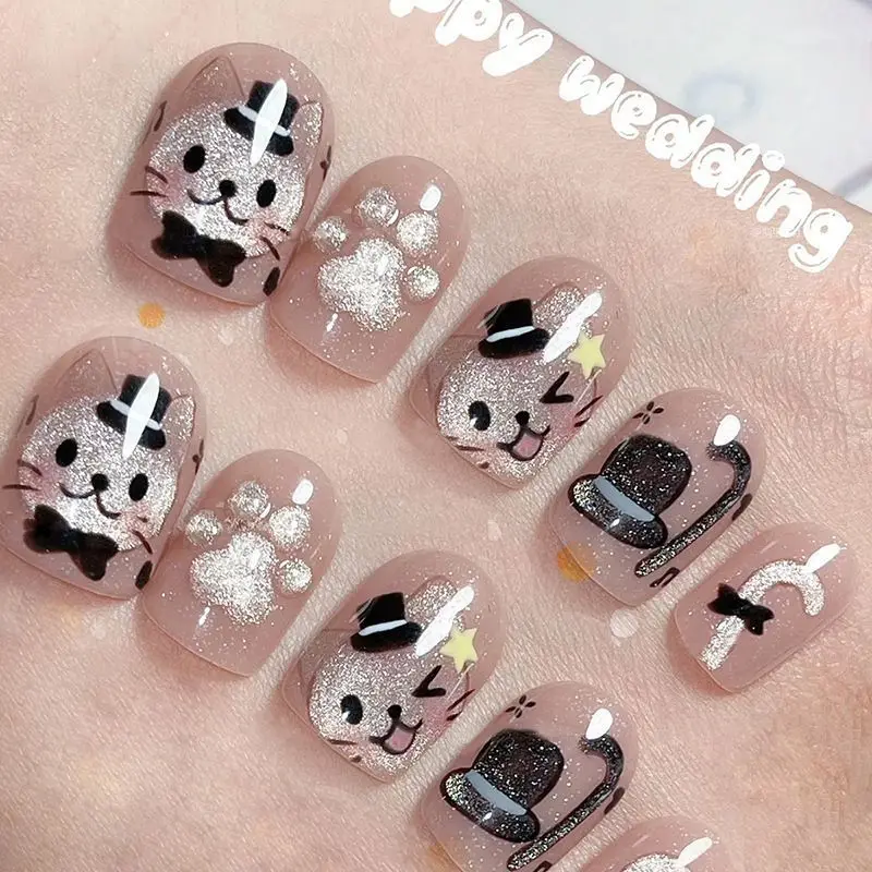 

10pcs Cute Cartoon Short Handmade Korean Press On Nails Black Cat Eye Woman Decorated Fake Kawaii Anime Nails Tips