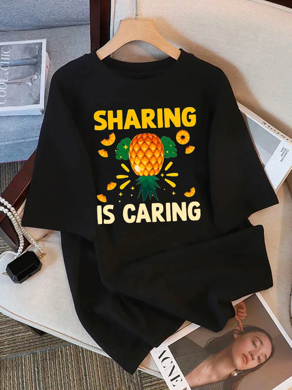 

Summer Cotton T-Shirts Women Sharing Is Caring Pineapple Prints T Shirt Loose O-Neck Soft Comfortable Tops Casual Woman Clothes