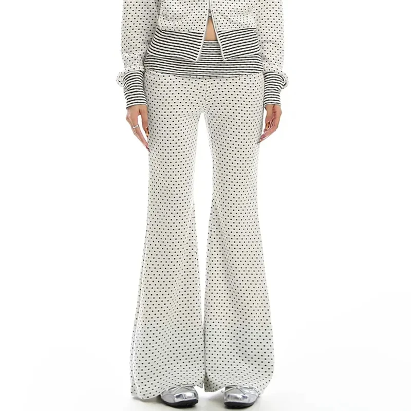 กางเกงขายาวทรงหลวมเอวสูง ปลายขาบานลายจุด แต่งขอบจีบ สำหรับผู้หญิง สไตล์ลำลอง ใส่เล่นโยคะ ใส่พักผ่อน หรือกลับไปโรงเรียน เหมาะสำหรับวัยรุ่น