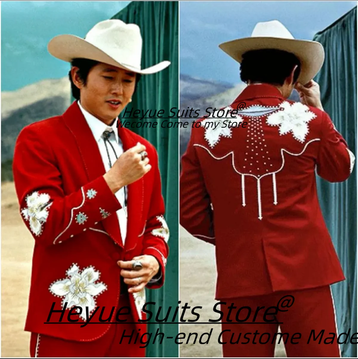 

Fashion Red Hand Embroidered Outfit for Event Customized Slim Fit Groom Wedding Tuxedos Male Prom Blazers 2 Pcs Sets Ropa Hombre