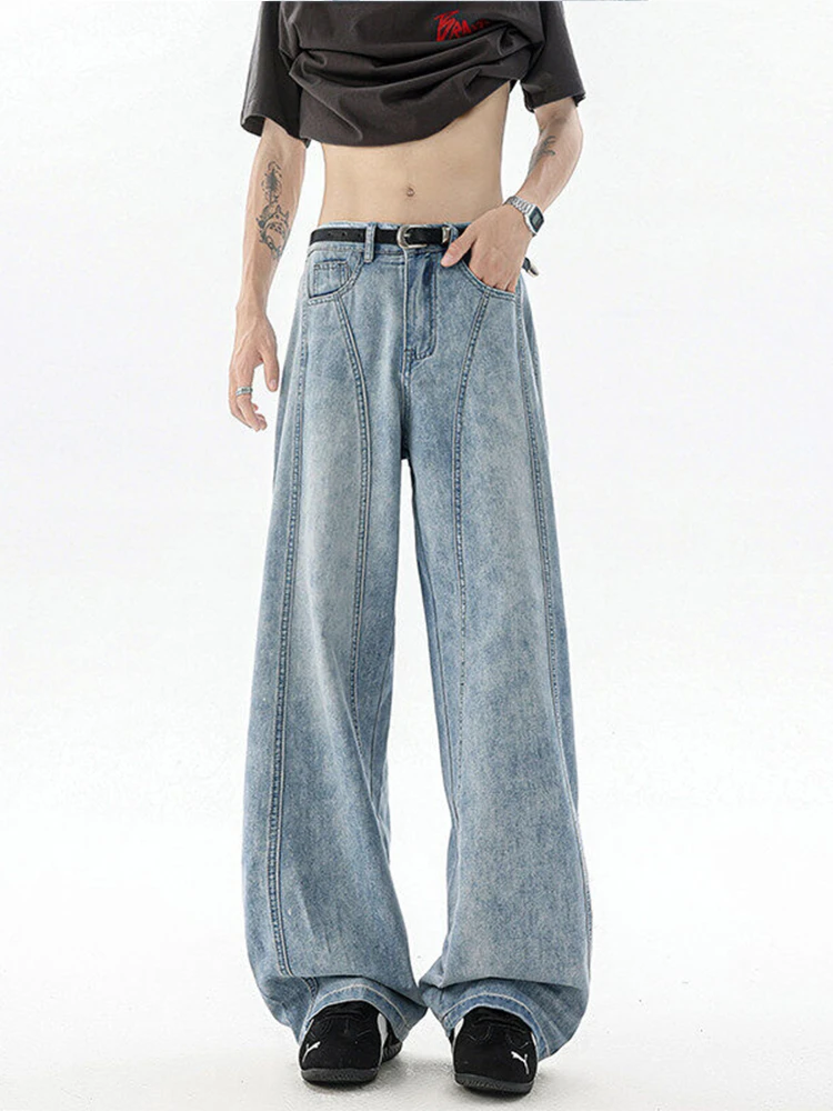 

Мужские летние джинсы из денима: тонкие, дышащие, из ледяного шелка, широкие брюки в американском стиле, прямые, свободные, деконструированные