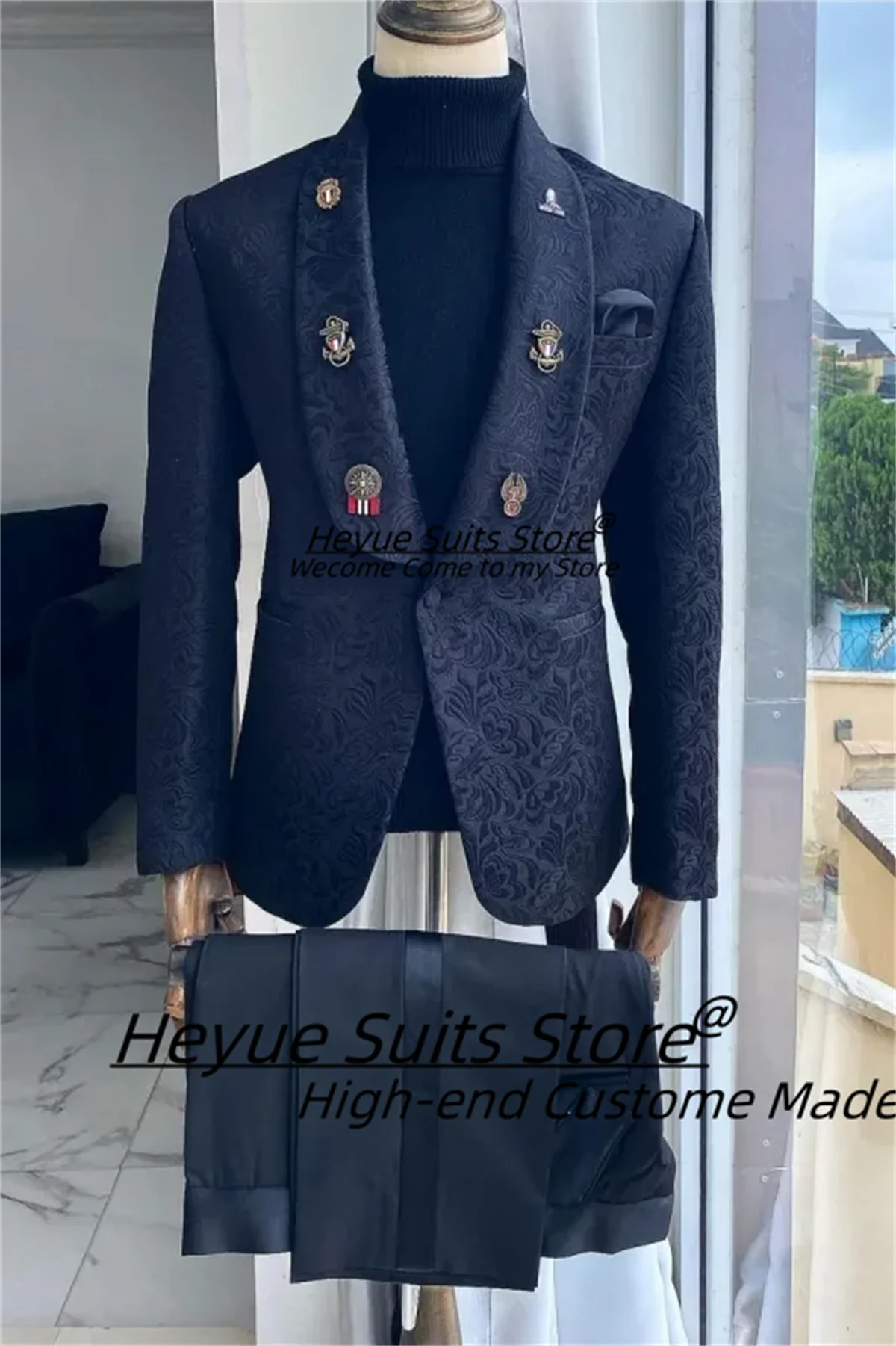 

Luxuly Black Jacquard Men Suits Customized Slim Fit Shawl Lapel Groom Wedding Tuxedos 2 Pcs Sets Male Party Blazers Ropa Hombre