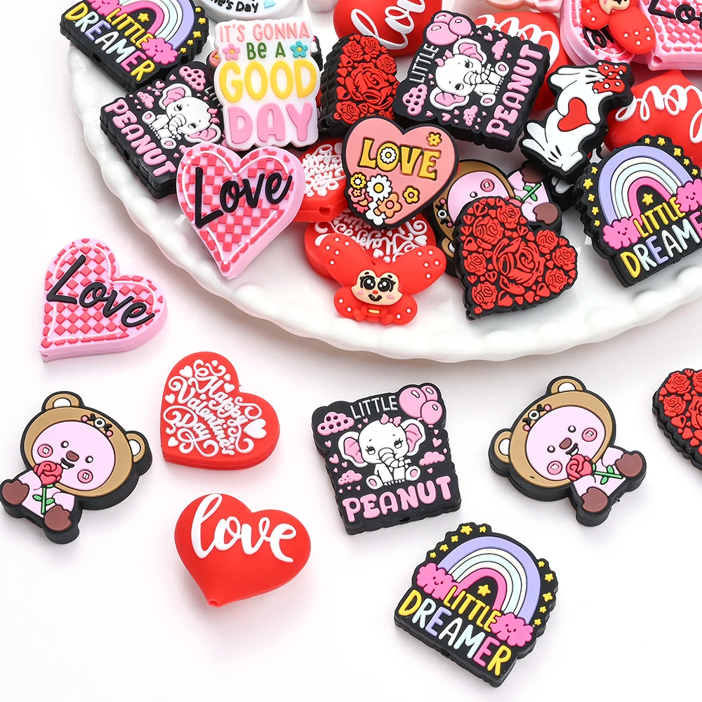 5 ชิ้นหัวใจรักสีชมพูการ์ตูนซิลิโคนลูกปัดดอกไม้น่ารักซิลิโคนลูกปัด Diy โครงการสร้างสรรค์สร้อยข้อมือทําอุปกรณ์