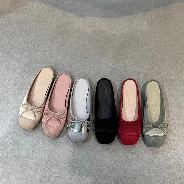 

Sheepskin version ~ Ballet half slippers women's summer flat wear soft bottom bow silver French slip-on women's shoes