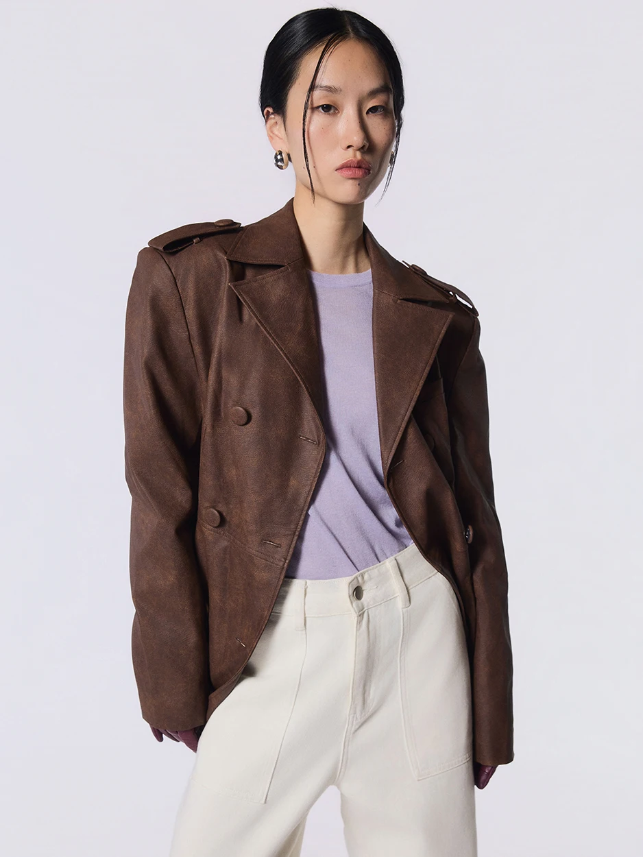 

Женская кожаная куртка Tore в стиле ретро, коричневая, с широкими плечами, на двухрядной застежке, универсальная, повседневная, в стиле Hourglass