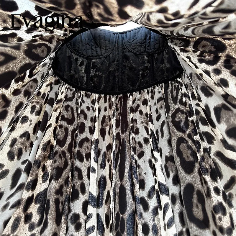 Evagina Fashion Design New Women's Leopard Print Sling Sweetheart Neck Collar cinching Waist Sexy Big Swing Temperament Dress