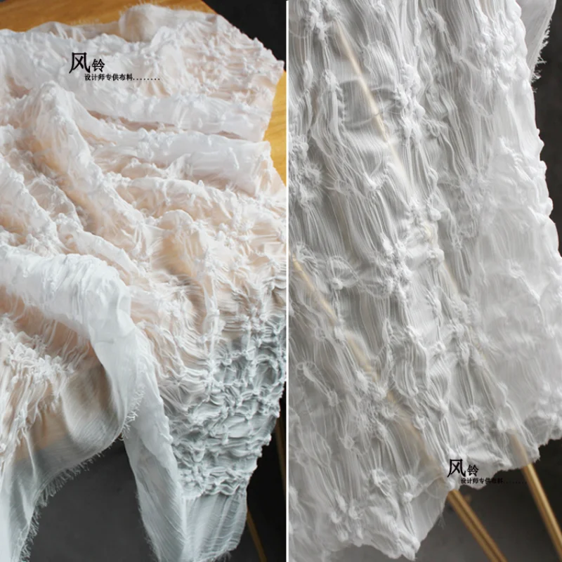 

Embroidered Chiffon Tulle Fabric White Flowers and Lines DIY Decor Lace Skirts Gown Wedding Dress Cloth Designer Fabric