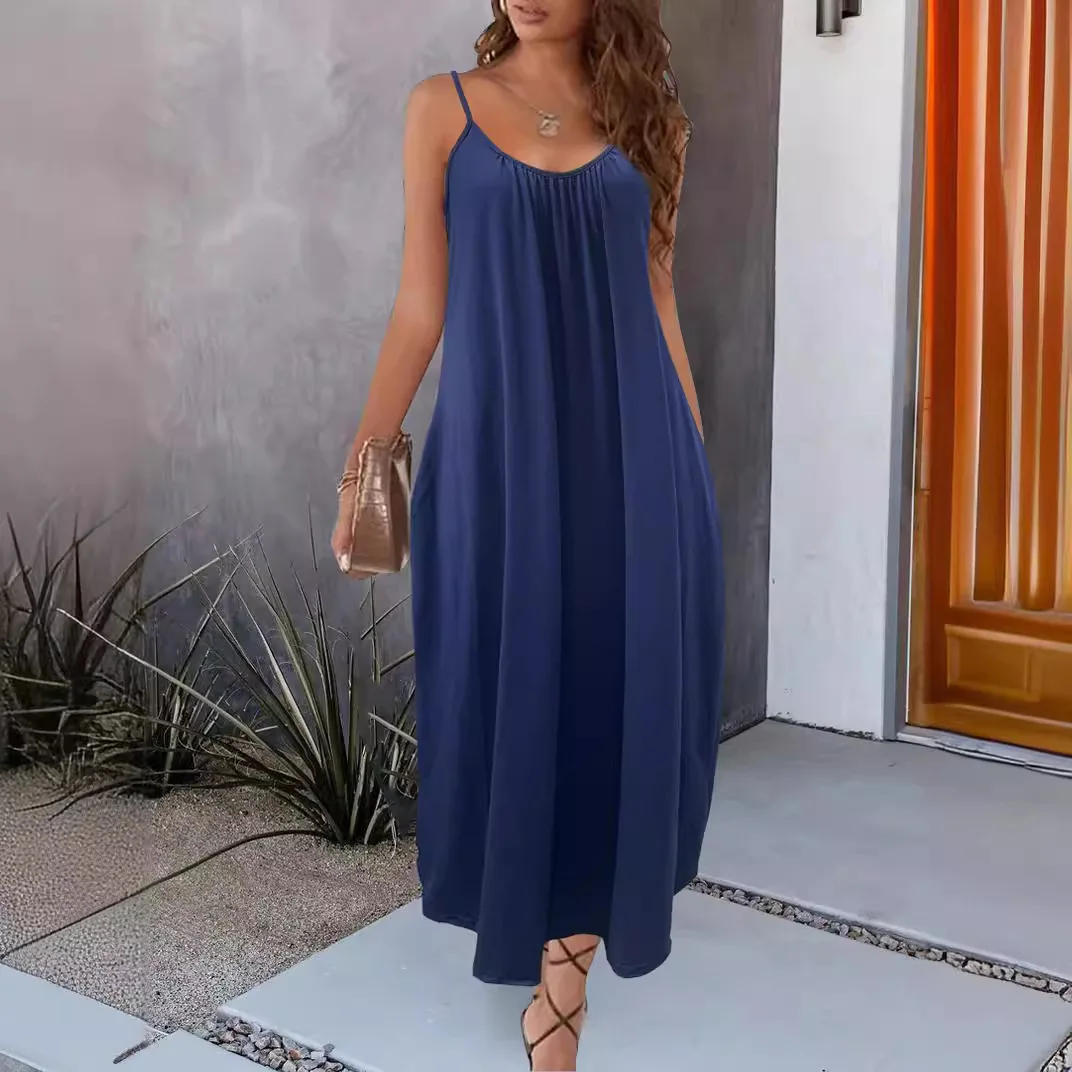 Dresses Spring Summer Basics Daily Folds Plain Sleeveless Scoop Neck Maxi Cami Vacation Dresses For Women