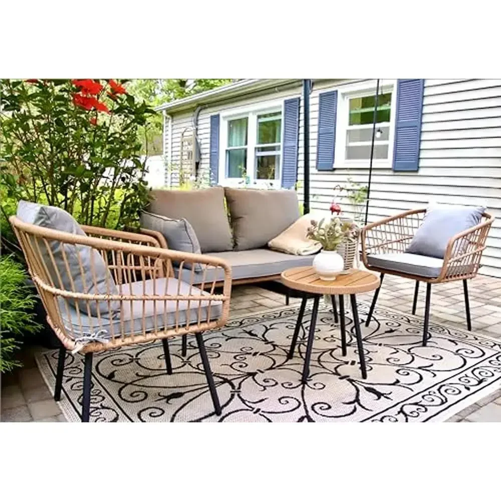 

4 Piece Wicker Patio Furniture Set with Loveseat Chairs Table Soft Cushions All-Weather Rattan Conversation Outdoor Bistro Set