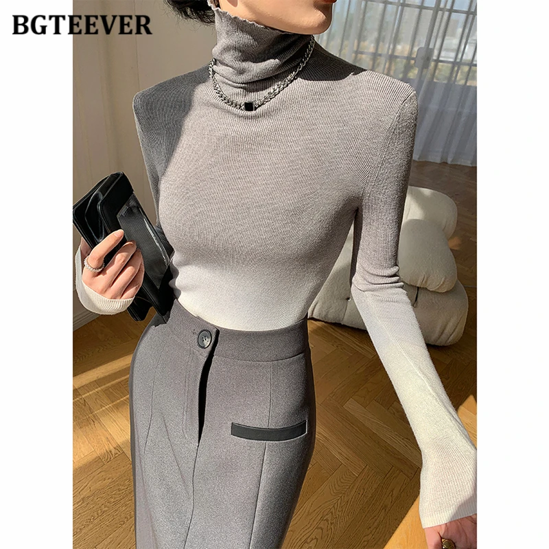 BGTEEVER Autumn Stylish Turtleneck Sweaters for Women Long Sleeve Slim Gradient Knitted Pullovers Female Winter Warm Knitwear