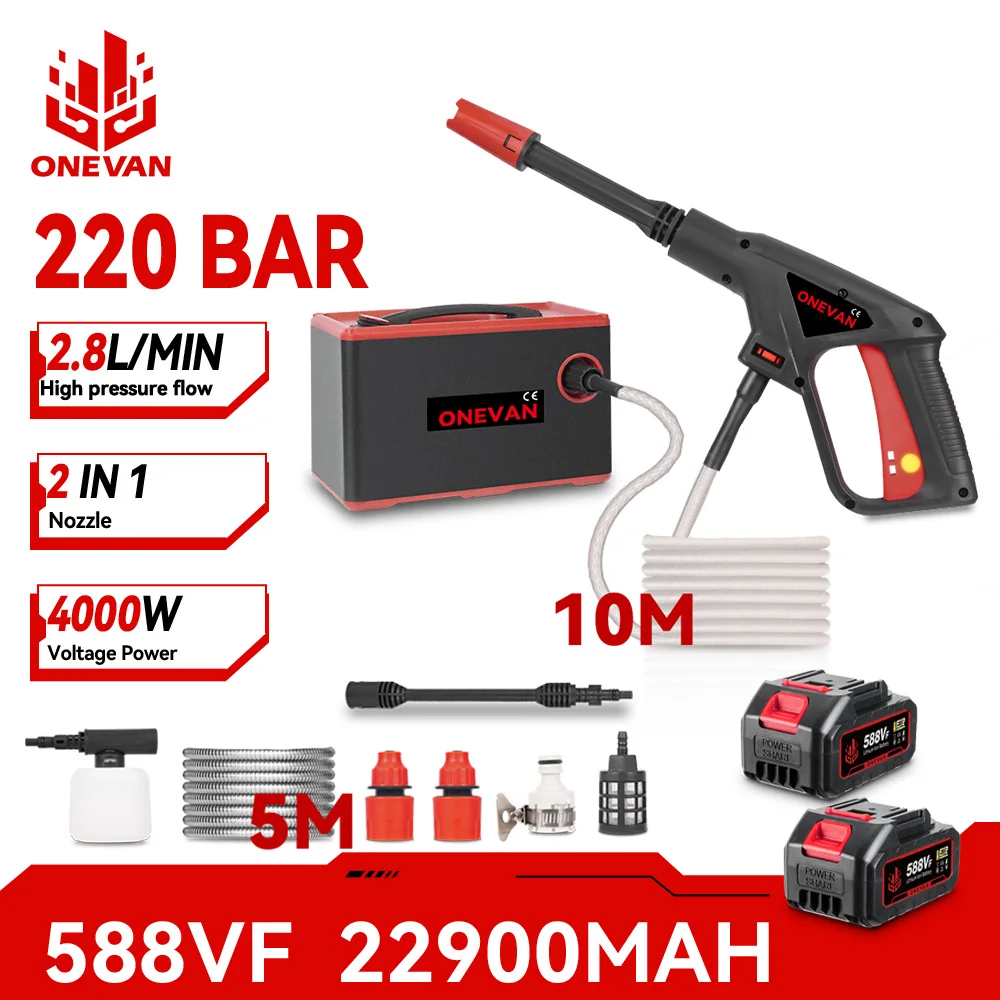 ONEVAN 4000W 220Bar Elektrischer Hochdruckreiniger 2in1 Autowaschgerät Leistungsstarkes Gartenreinigungsgerät für Makita 18V Akku