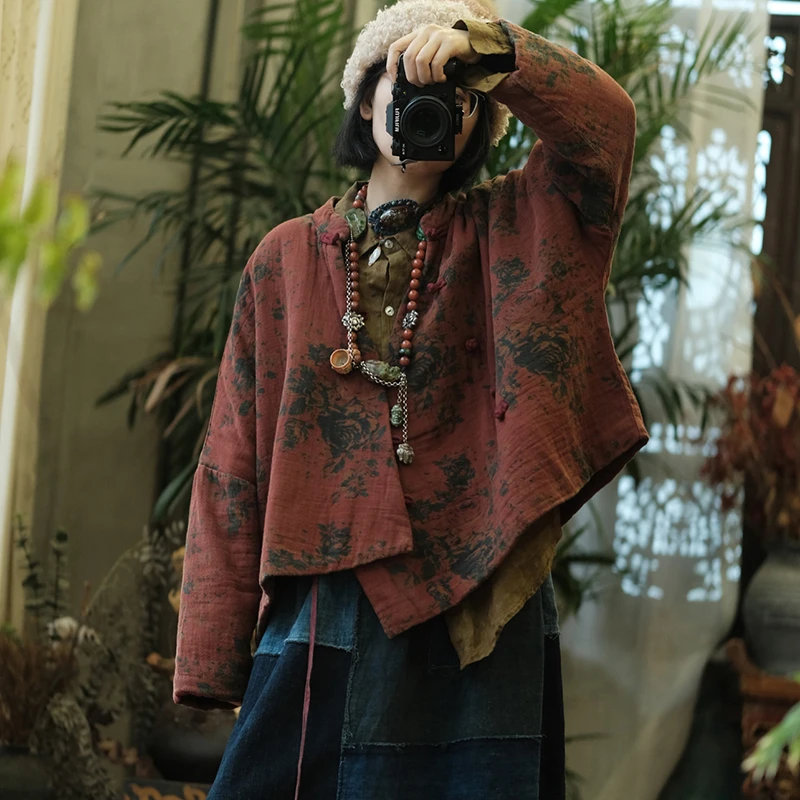 

100% Cotton Women Batwing Sleeve Casual Coats New 2025 Autumn Chinese Style Vintage Floral Print Loose Female Thick Jacket M2097