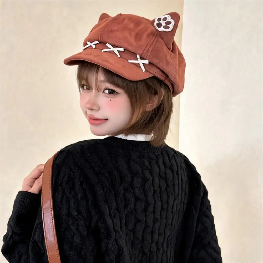 Fashion Embroidery Cat Ears Beret Y2K Claw Pattern Painter Artist Cap Spice Girl Bow Suede Octagonal Hat Travel 5