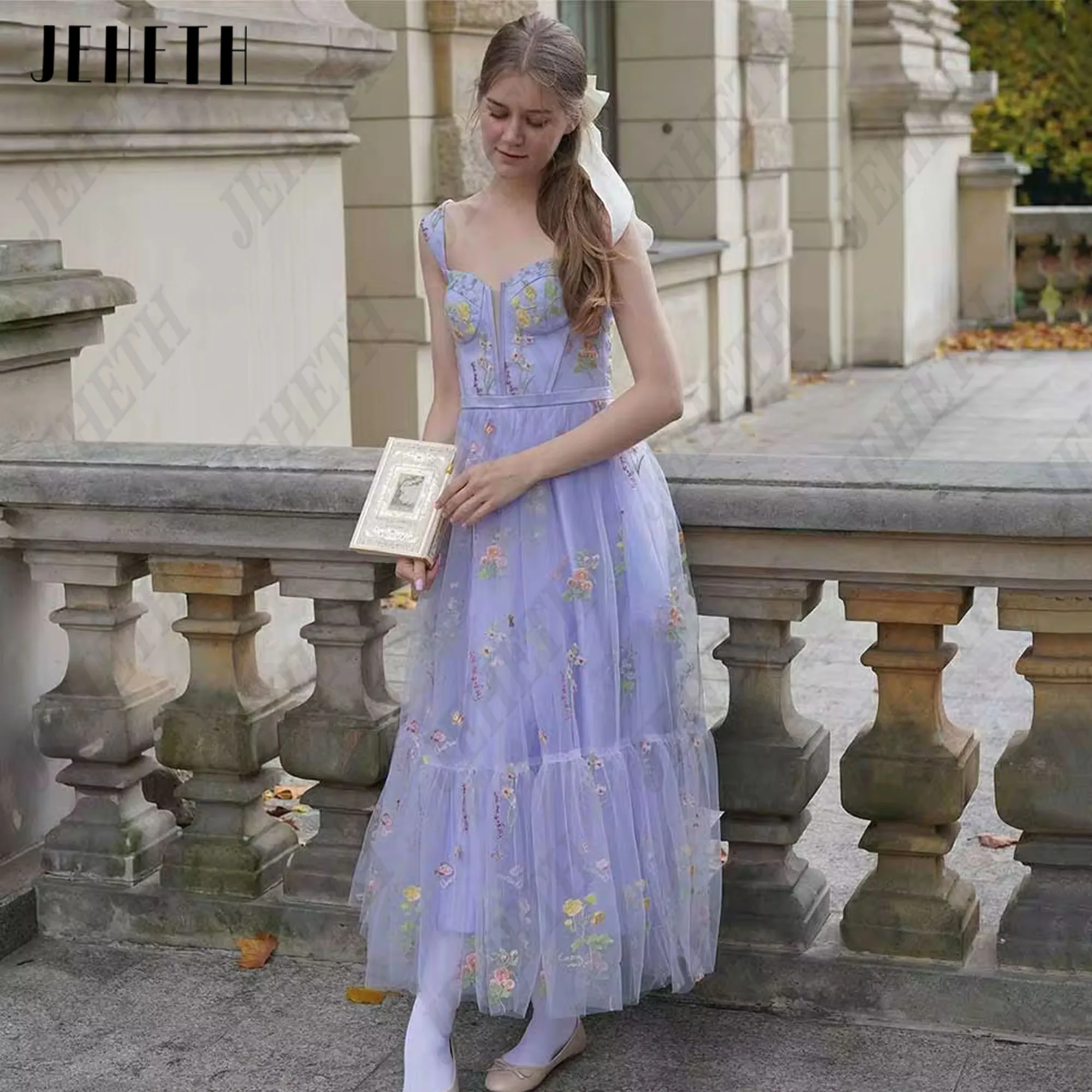 

JEHETH Lavender Sleeveless Prom Dress Floral Print Sweetheart A-Line Evening Gown Ankle-Length Tulle Embroidery Vestidos De Gala