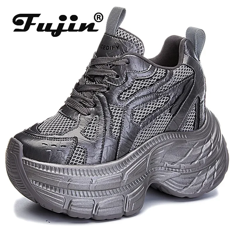 Fujin 12cm Synthetic Air Mesh Leather Platform Wedge Flats Shoes Casual Comfy High Brand Breathable Chunky Sneaker Vulcanize