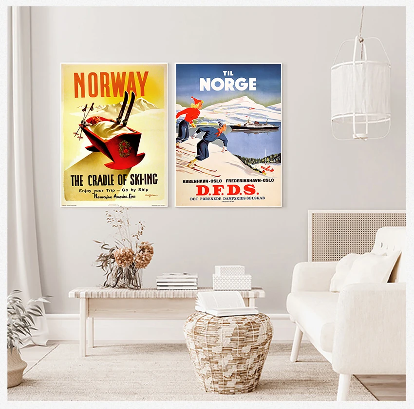 Classic Canvas Paintings Kraft Posters Wall Stickers Home Decor Family Gift Ski in Norway Norge Fjords Map Vintage Retro Travel