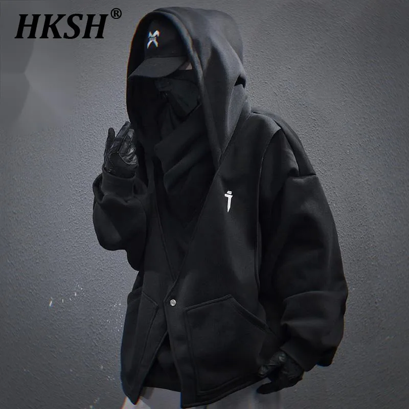 HKSH Heavy 2025 Spring New Embroidered High Collar Fake Two-Piece Hoodie Men Loose Casual Stacked Collar Trend Sweatshirt HK3822