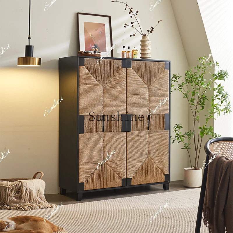 Medieval rattan woven solid wood dining side surprise quiet wind black porch storage double door cabinet  FT