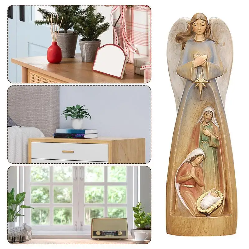 Wooden Holy Family Figurine Jesus Nativity Scene Classic Collection Figures Wooden Decorative Figurine Hand-Painted 3D Tabletop