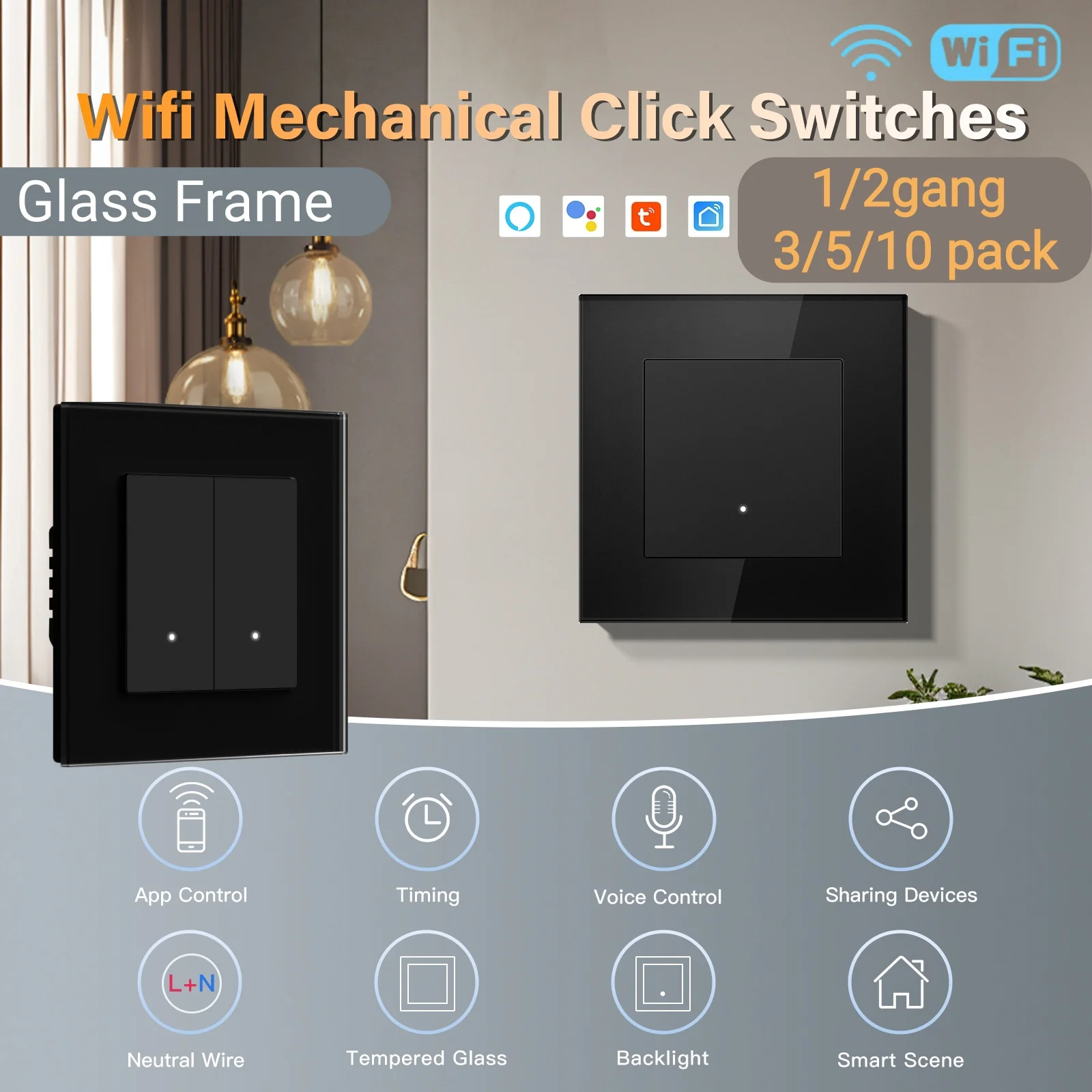 Interrupteurs intelligents Wi-Fi BSEED 1 ou 2 gangs, interrupteurs muraux intelligents à commande tactile, cadre en verre noir, rétroéclairage jaune, norme UE, application Tuya, pack de 3/5/10, nécessite une filière neutre