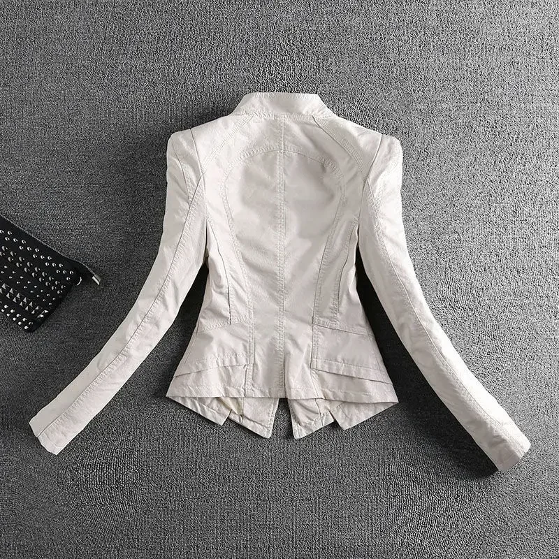 Beige Suede Leather Coat Women Spring Autumn New Slim Motorcycle Basics Short Leather Top Coat Leather Jacket S-4XL