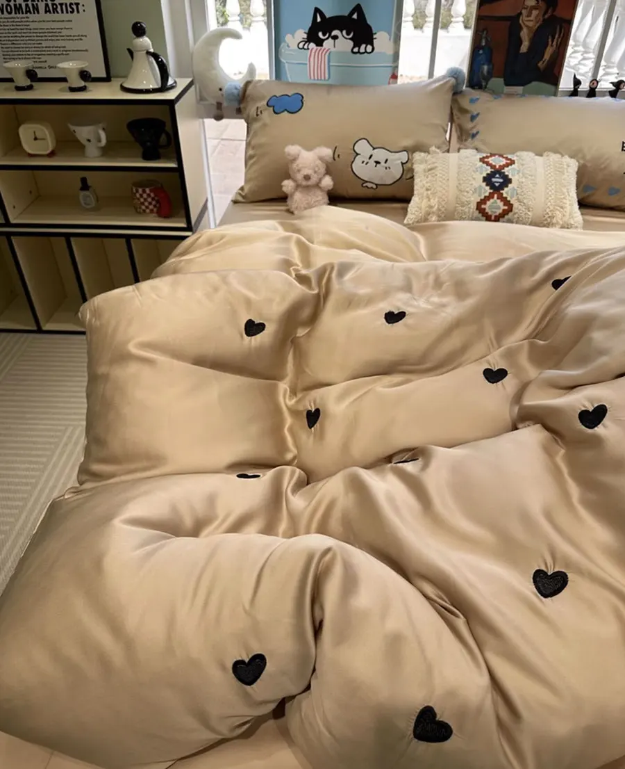 Cute embroidery bear heart light camel cream bedding set kid,twin full queen king home textile bed sheet pillow case quilt cover